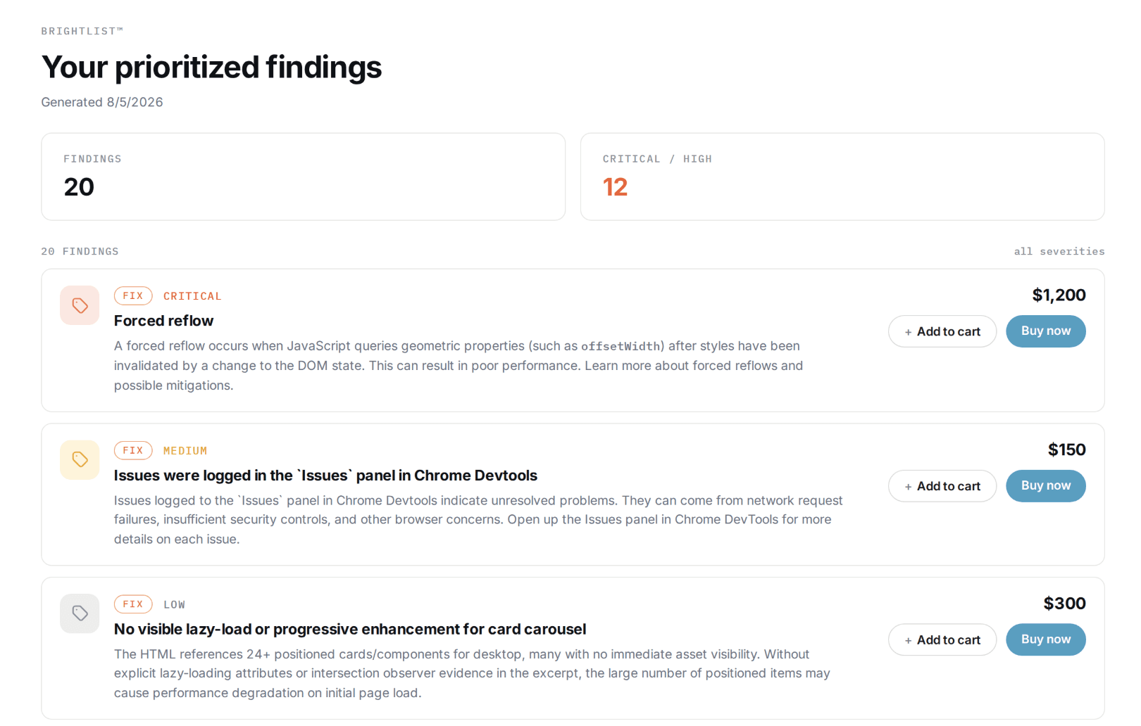A prioritized BrightList — 20 findings with severity, score impact, and fixed prices ready to add to cart.